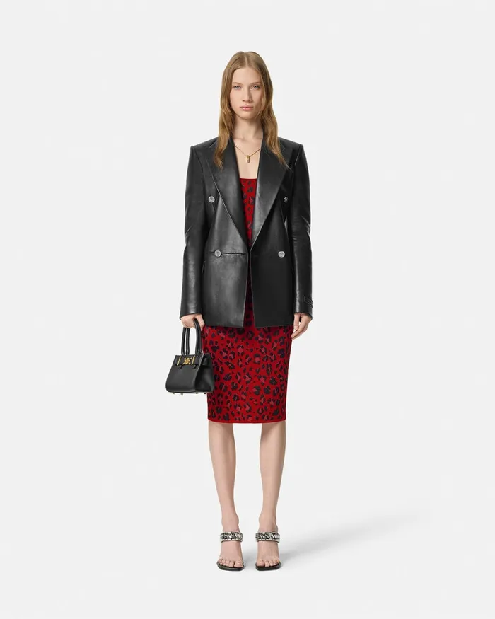 Versace Knitwear Women Leopard Lurex Fitted Knit Midi Dress Red