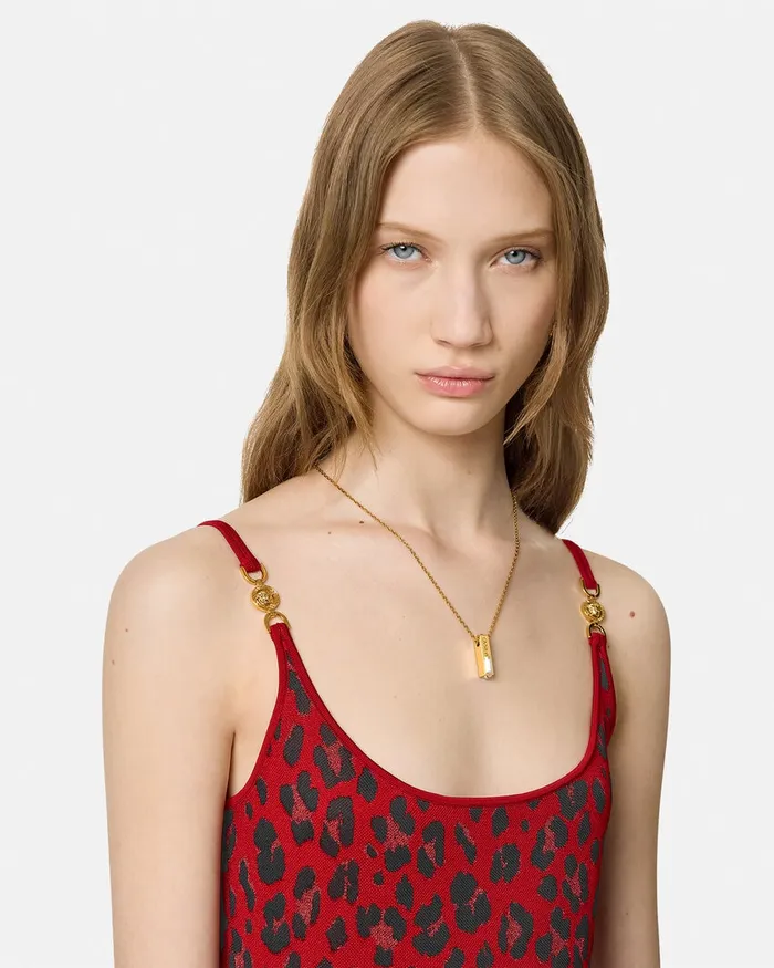 Versace Knitwear Women Leopard Lurex Fitted Knit Midi Dress Red