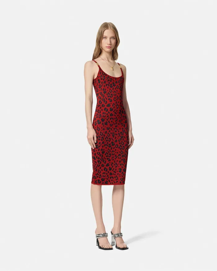 Versace Knitwear Women Leopard Lurex Fitted Knit Midi Dress Red