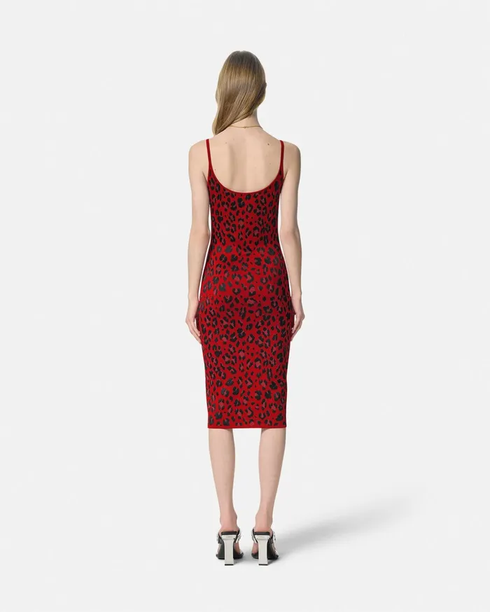 Versace Knitwear Women Leopard Lurex Fitted Knit Midi Dress Red