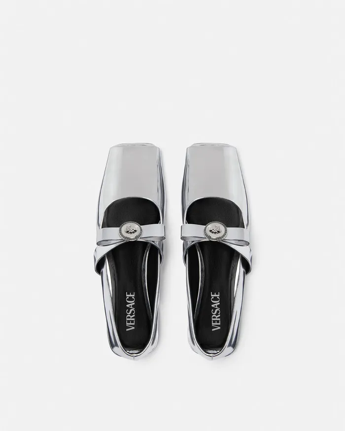 Versace Loafers and Flats Women Gianni Ribbon Open Metallic Ballerinas Silver
