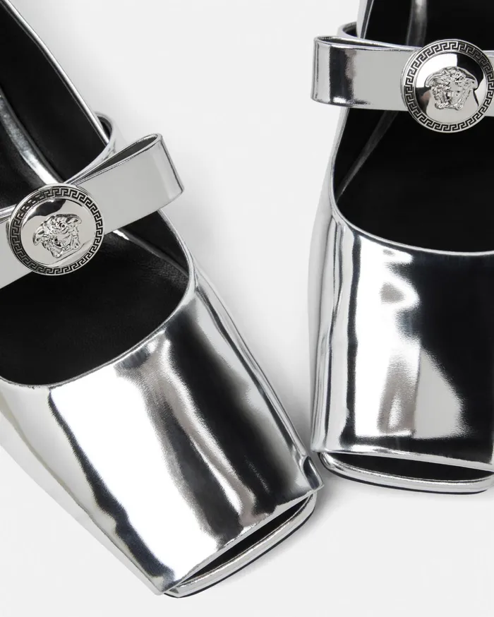 Versace Loafers and Flats Women Gianni Ribbon Open Metallic Ballerinas Silver