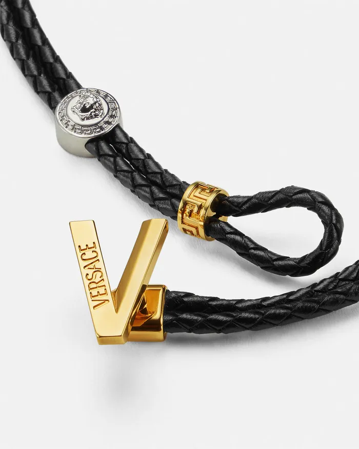 Versace Necklaces WomenMen V2025 Chain Leather Necklace Blackgold