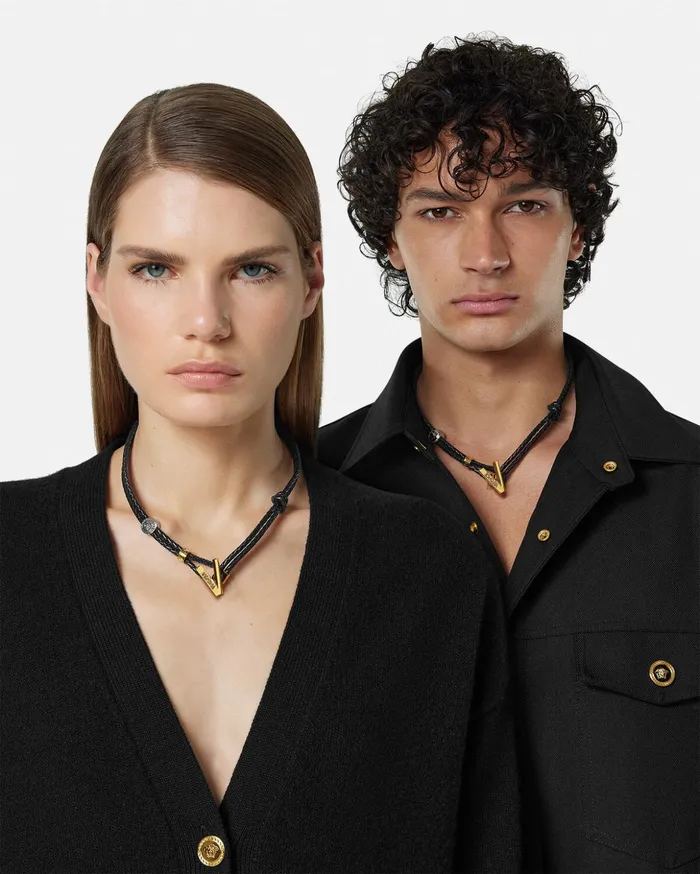 Versace Necklaces WomenMen V2025 Chain Leather Necklace Blackgold