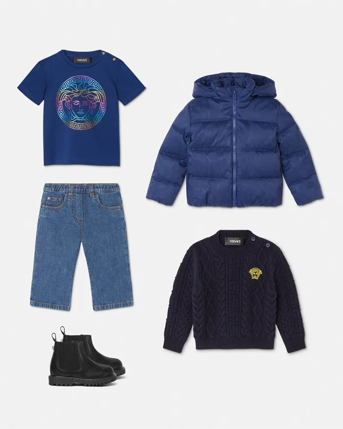 Versace Outerwear Kids Barocco Jacquard Baby Puffer Jacket Blue