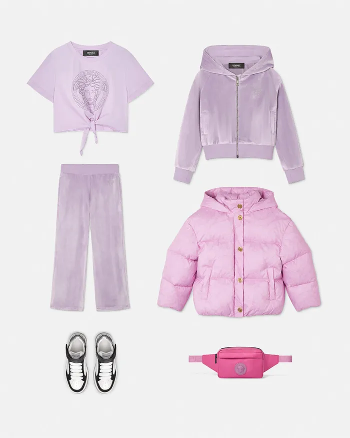 Versace Outerwear Kids Barocco Jacquard Puffer Jacket Pink