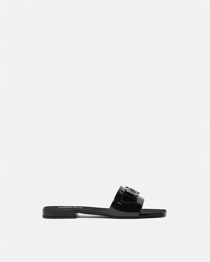 Versace Sandals Women Medusa Buckle Leather Flat Sandals Blacksilver