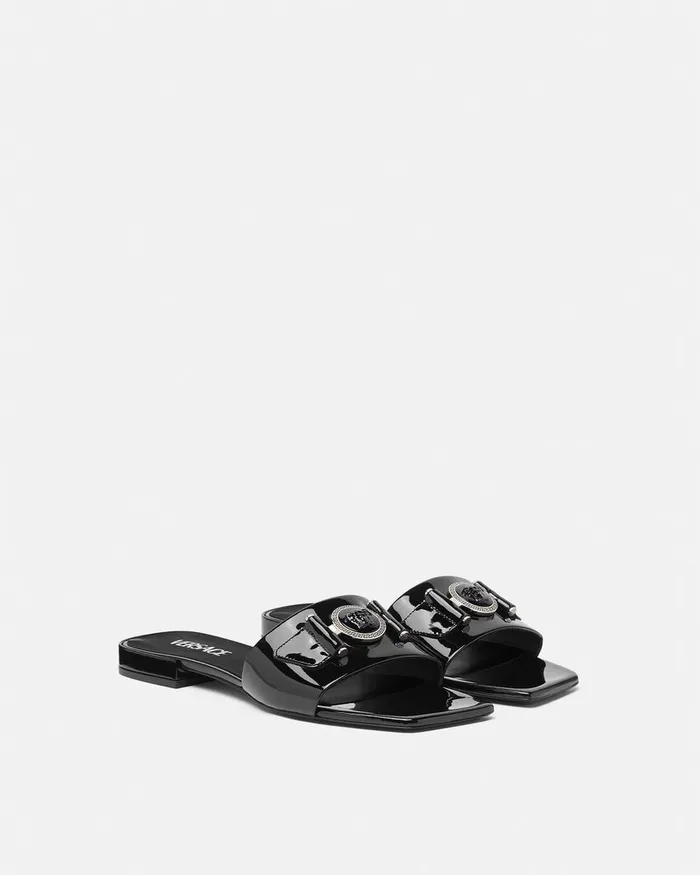 Versace Sandals Women Medusa Buckle Leather Flat Sandals Blacksilver