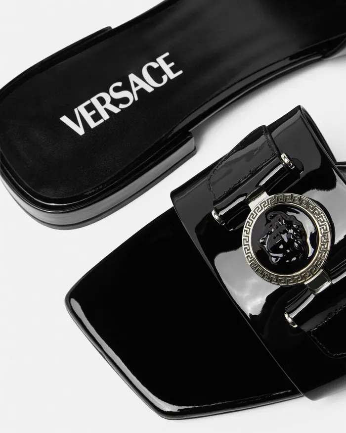 Versace Sandals Women Medusa Buckle Leather Flat Sandals Blacksilver