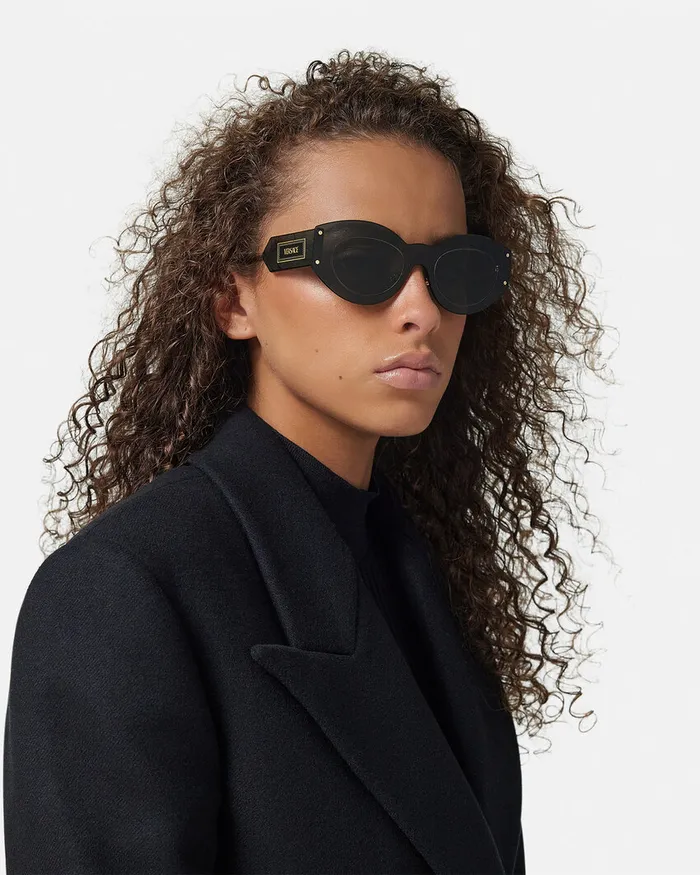 Versace Sunglasses Women Damier Plaque Shield Sunglasses Blackgold