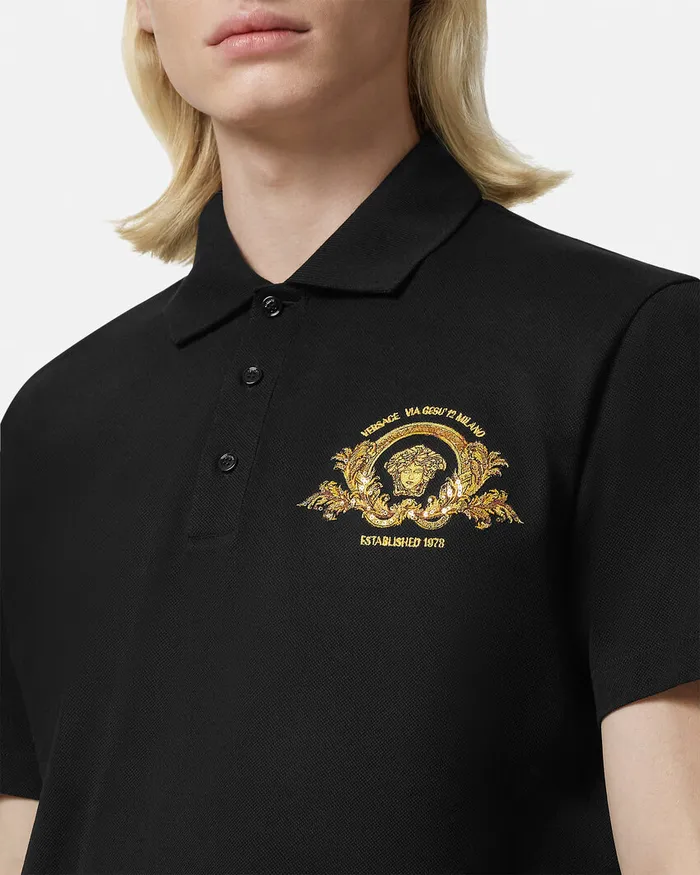 Versace TShirts and Polos Men Embroidered Coupe Blason Polo Shirt Black