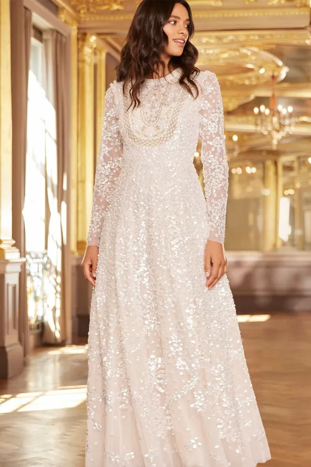 Victorian Wreath Gloss Long Sleeve Gown Champagne Women Needle and Thread Dresses