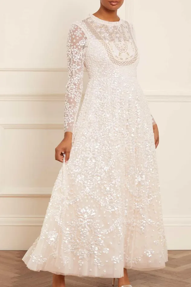 Victorian Wreath Gloss Long Sleeve Gown Champagne Women Needle and Thread Dresses