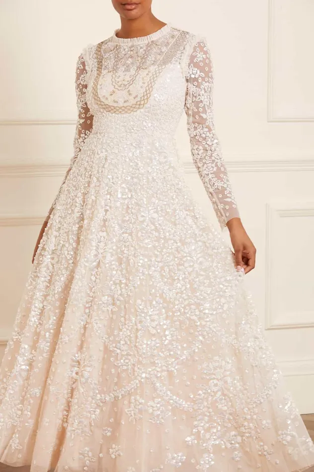 Victorian Wreath Gloss Long Sleeve Gown Champagne Women Needle and Thread Dresses