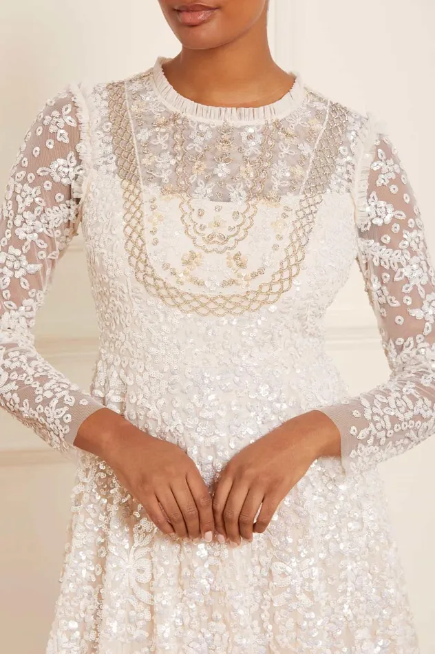 Victorian Wreath Gloss Long Sleeve Gown Champagne Women Needle and Thread Dresses
