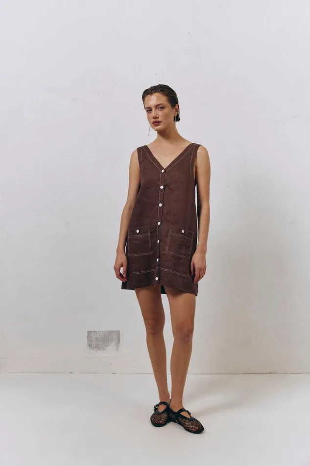 VRG GRL Alice Linen Mini Dress Brown Women Mini Dresses