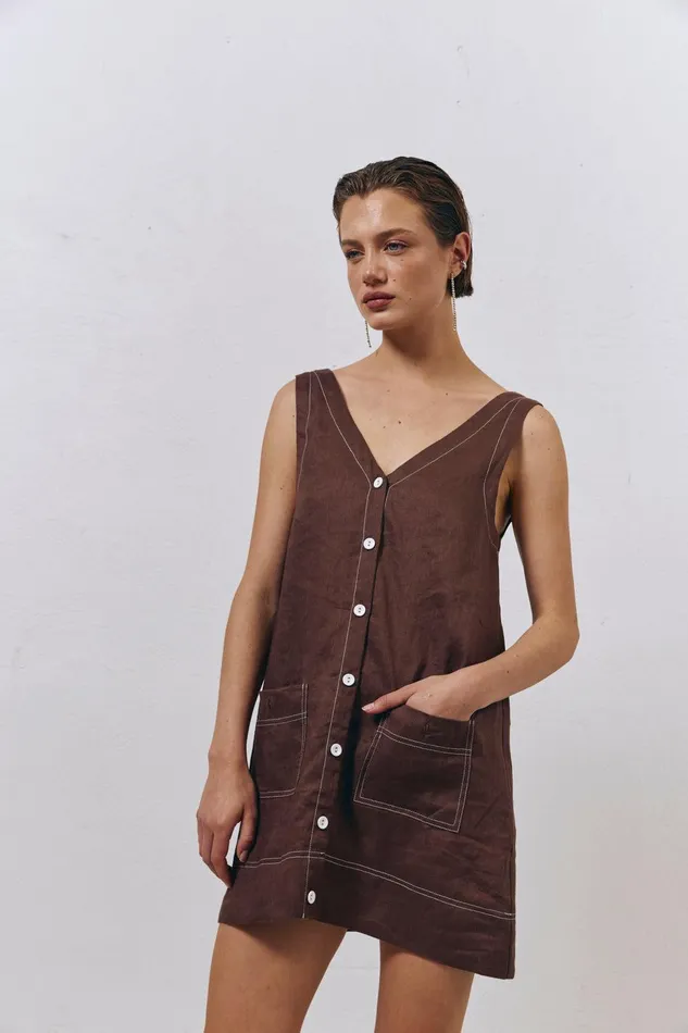 VRG GRL Alice Linen Mini Dress Brown Women Mini Dresses