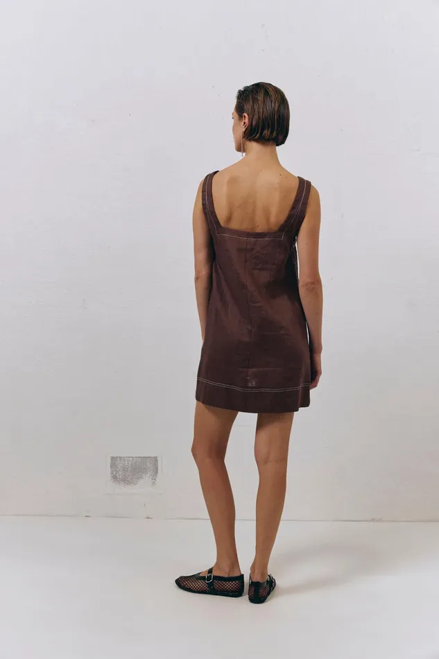 VRG GRL Alice Linen Mini Dress Brown Women Mini Dresses