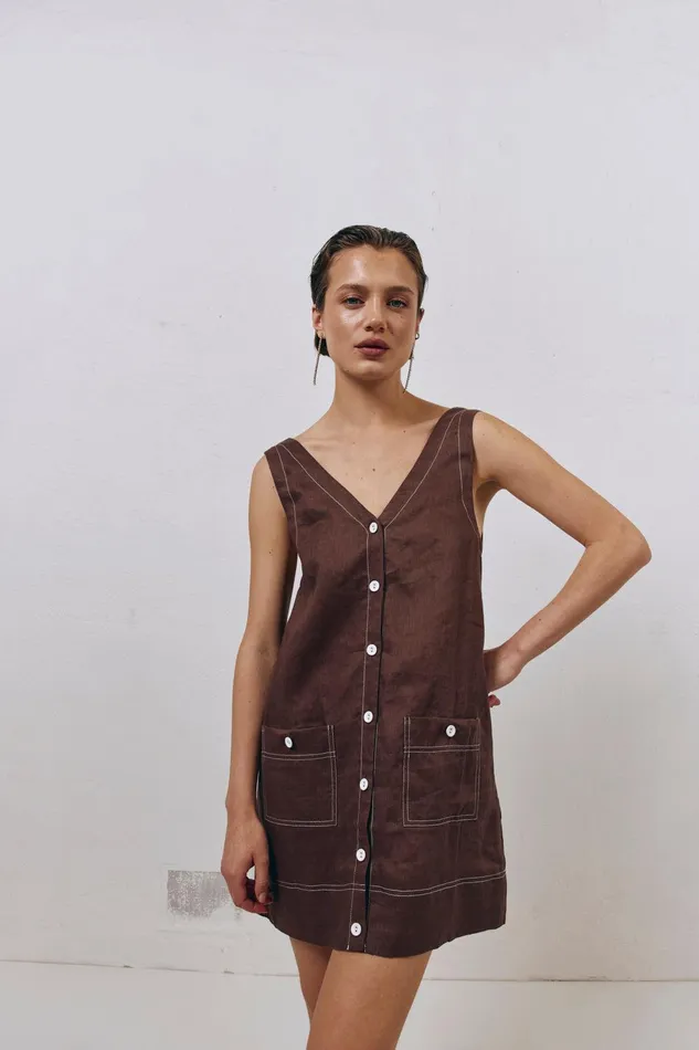 VRG GRL Alice Linen Mini Dress Brown Women Mini Dresses