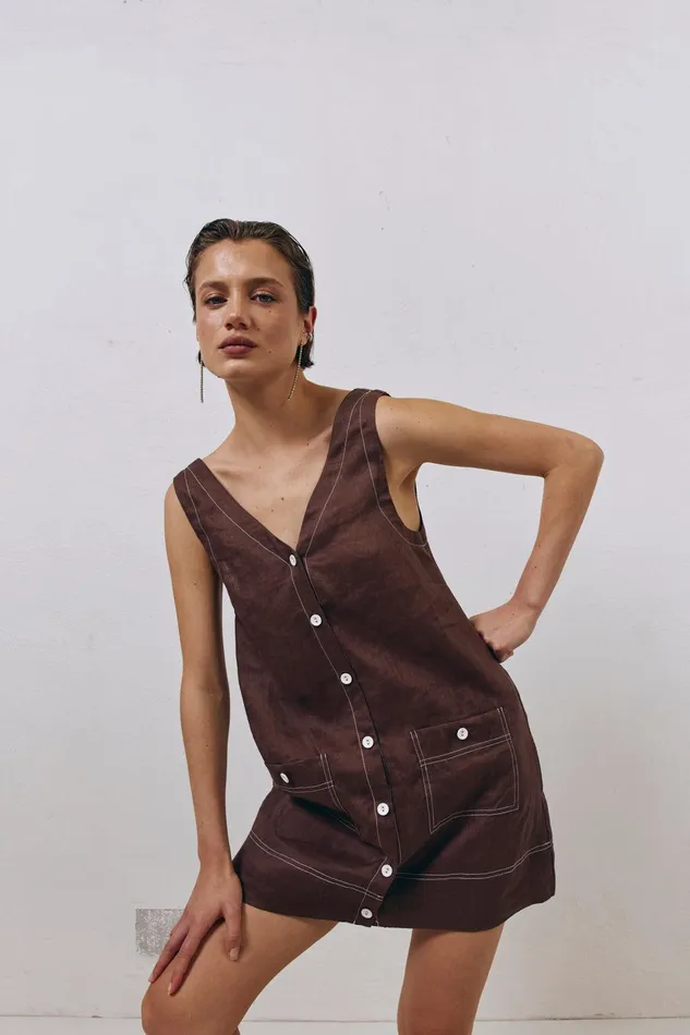 VRG GRL Alice Linen Mini Dress Brown Women Mini Dresses