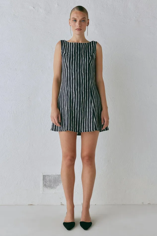 VRG GRL Chloe Linen Mini Dress Black Stripe Women Mini Dresses