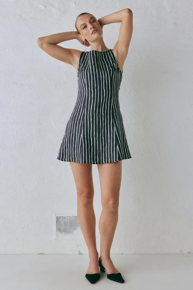 VRG GRL Chloe Linen Mini Dress Black Stripe Women Mini Dresses
