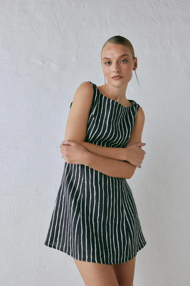 VRG GRL Chloe Linen Mini Dress Black Stripe Women Mini Dresses