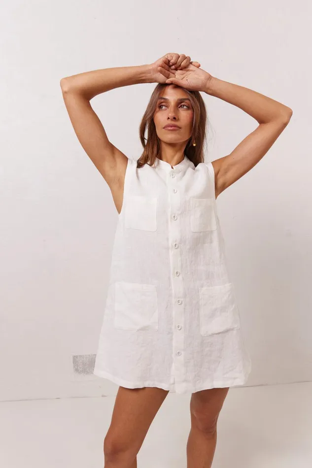 VRG GRL Jean Linen Mini Dress White Women Mini Dresses