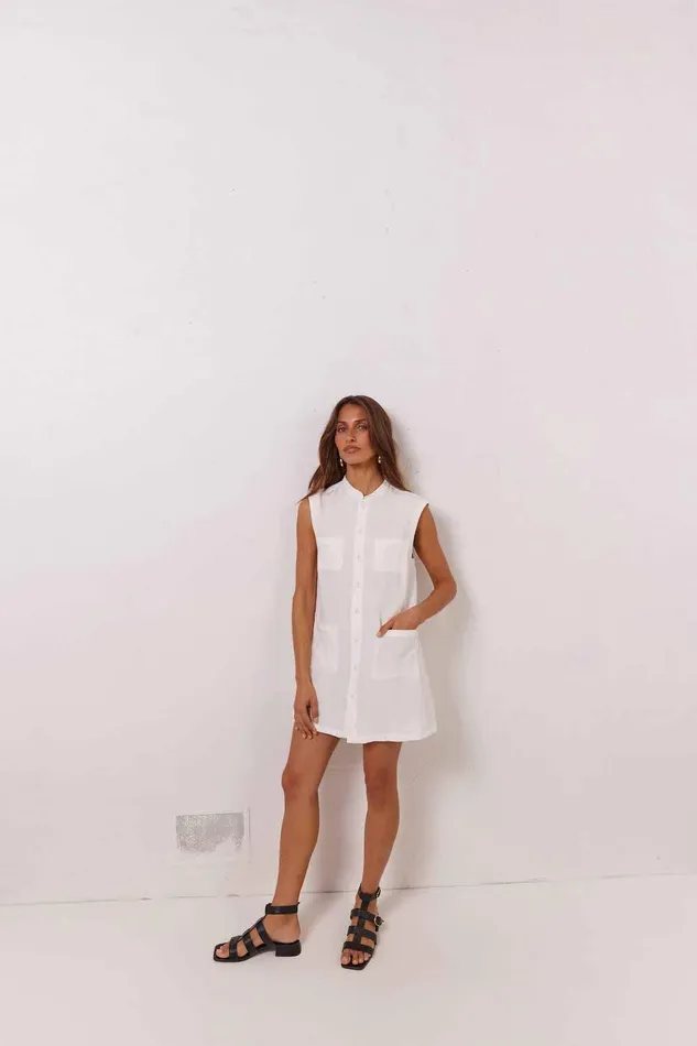 VRG GRL Jean Linen Mini Dress White Women Mini Dresses