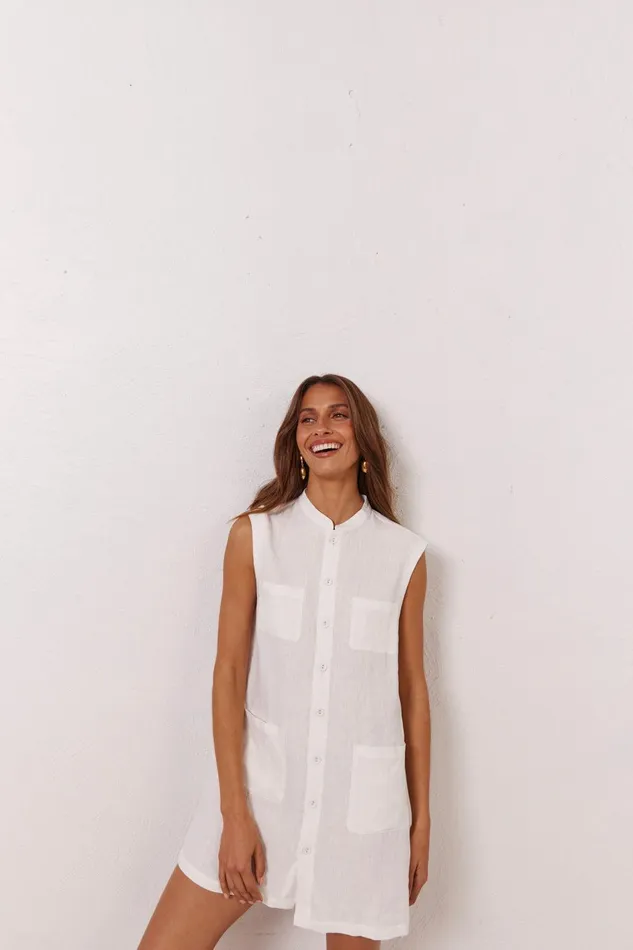 VRG GRL Jean Linen Mini Dress White Women Mini Dresses