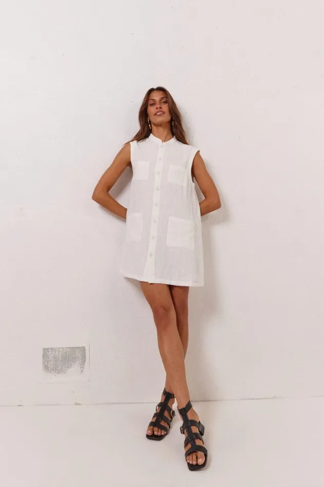 VRG GRL Jean Linen Mini Dress White Women Mini Dresses