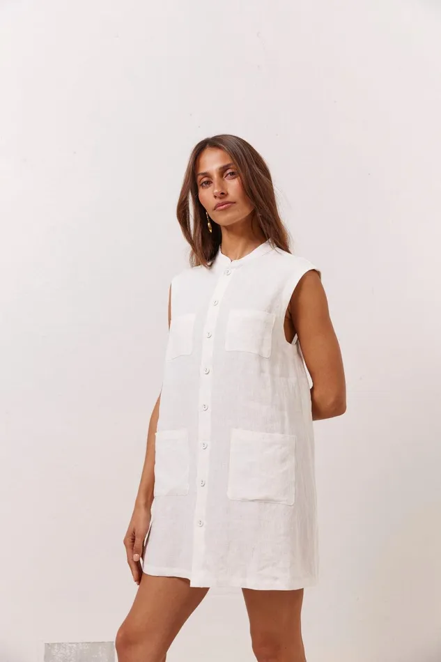 VRG GRL Jean Linen Mini Dress White Women Mini Dresses