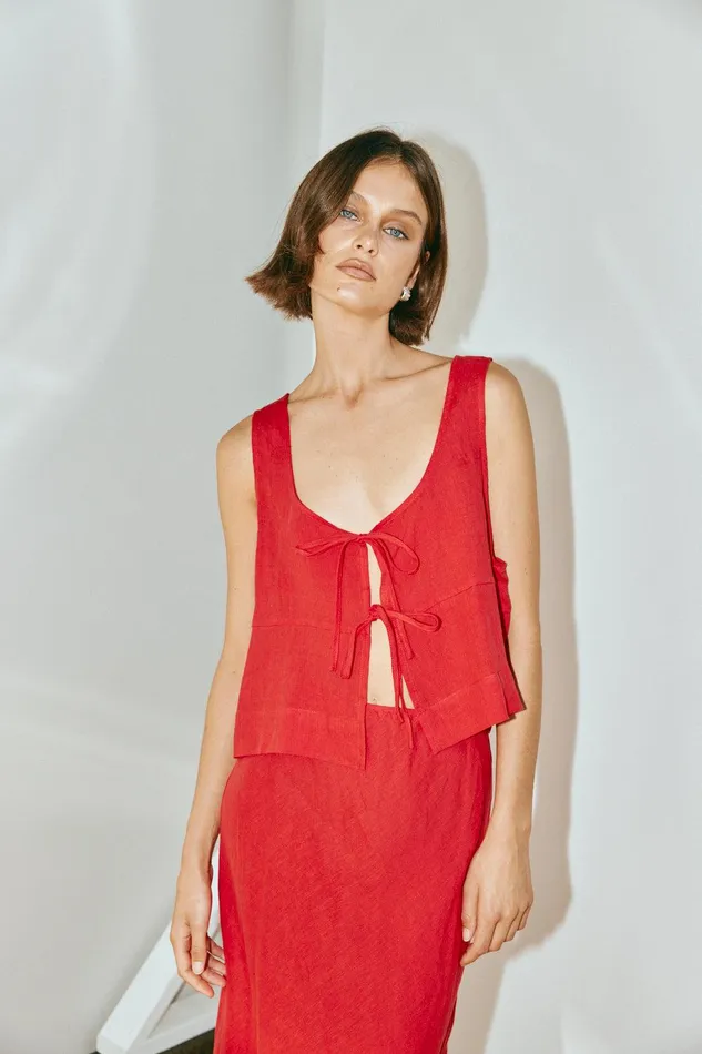 VRG GRL Nessa Linen Smock Top Chilli Women Sleeveless