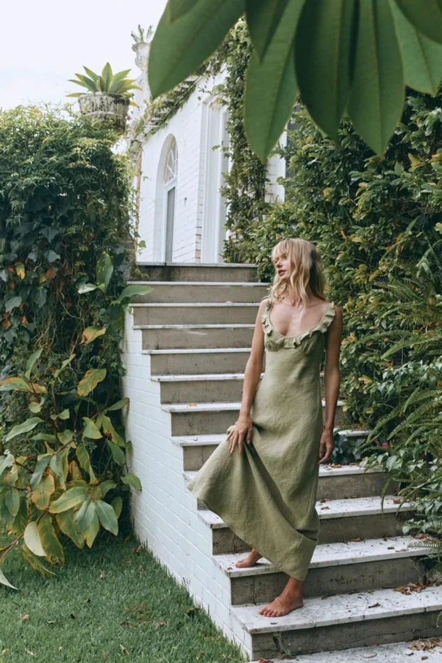 VRG GRL Rosalia Linen Bias Cut Maxi Dress Olive Women MidiMaxi Dresses