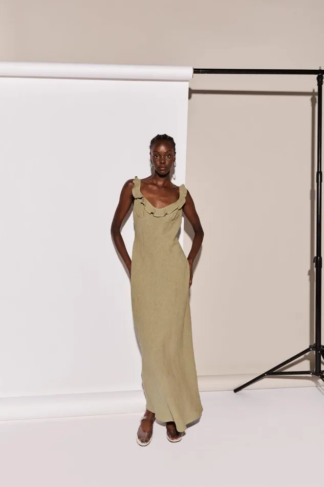 VRG GRL Rosalia Linen Bias Cut Maxi Dress Olive Women MidiMaxi Dresses