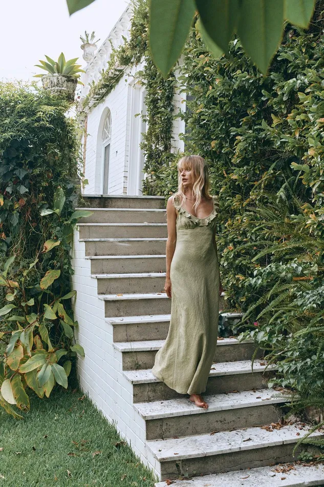 VRG GRL Rosalia Linen Bias Cut Maxi Dress Olive Women MidiMaxi Dresses