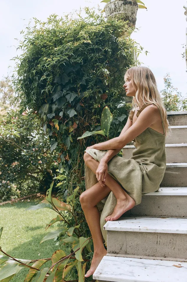 VRG GRL Rosalia Linen Bias Cut Maxi Dress Olive Women MidiMaxi Dresses