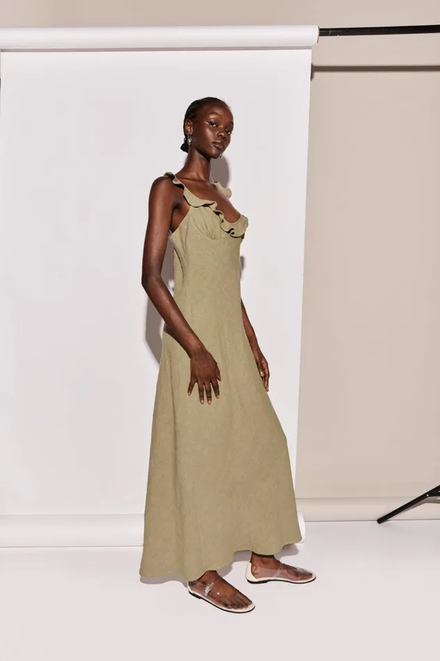 VRG GRL Rosalia Linen Bias Cut Maxi Dress Olive Women MidiMaxi Dresses