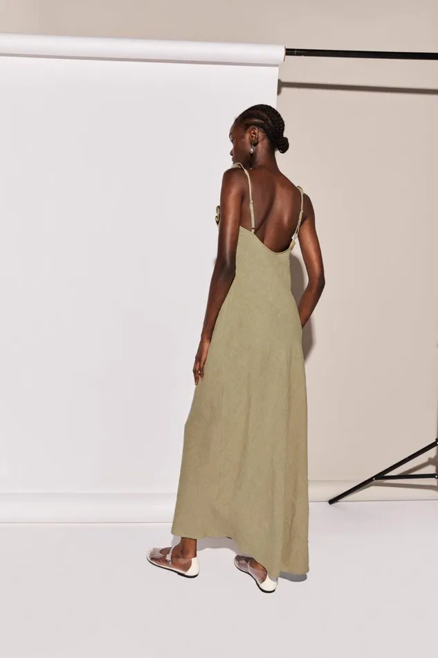 VRG GRL Rosalia Linen Bias Cut Maxi Dress Olive Women MidiMaxi Dresses