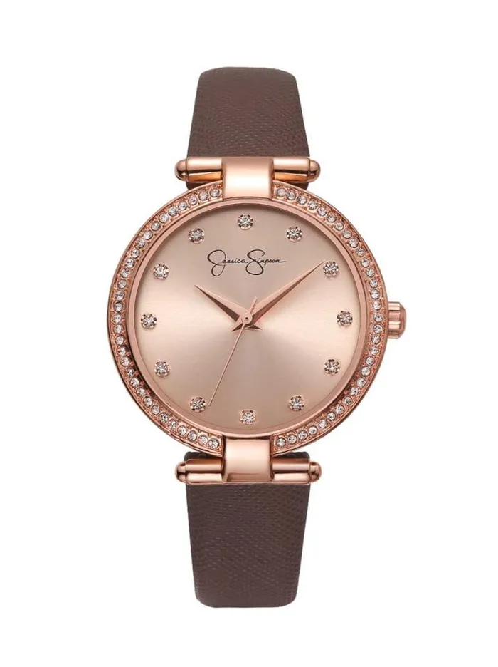Watches Accessories Jessica Simpson Crystal Bezel Brown Strap Watch In Rose Gold Tone