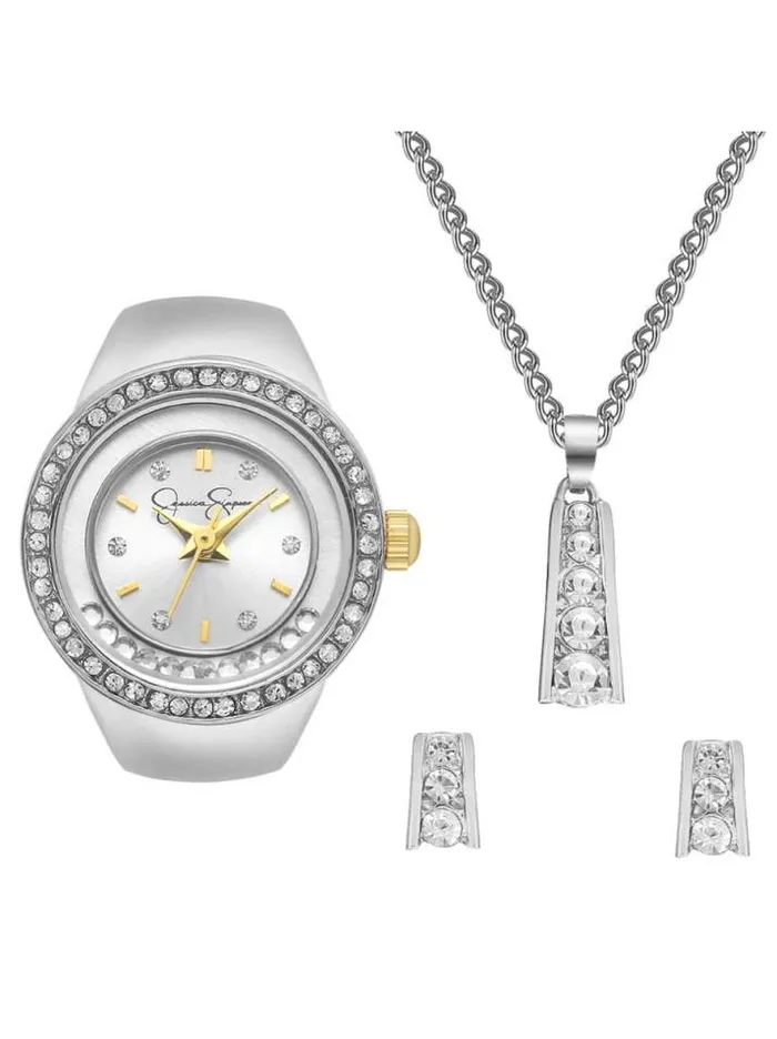 Watches Accessories Jessica Simpson Floating Crystal Ring Watch Pendant and Earring Set In Silver Tone