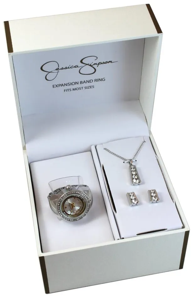 Watches Accessories Jessica Simpson Floating Crystal Ring Watch Pendant and Earring Set In Silver Tone