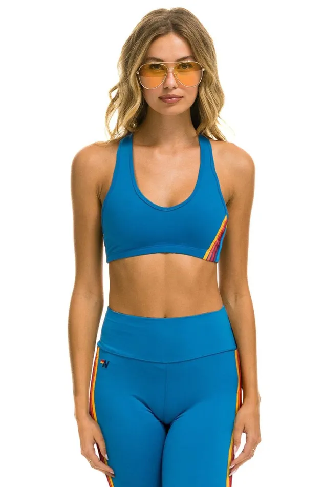 Women Activewear Aviator Nation WOMEN039S 5 STRIPE VCUT SPORTS BRA 8211 CARRIBEAN