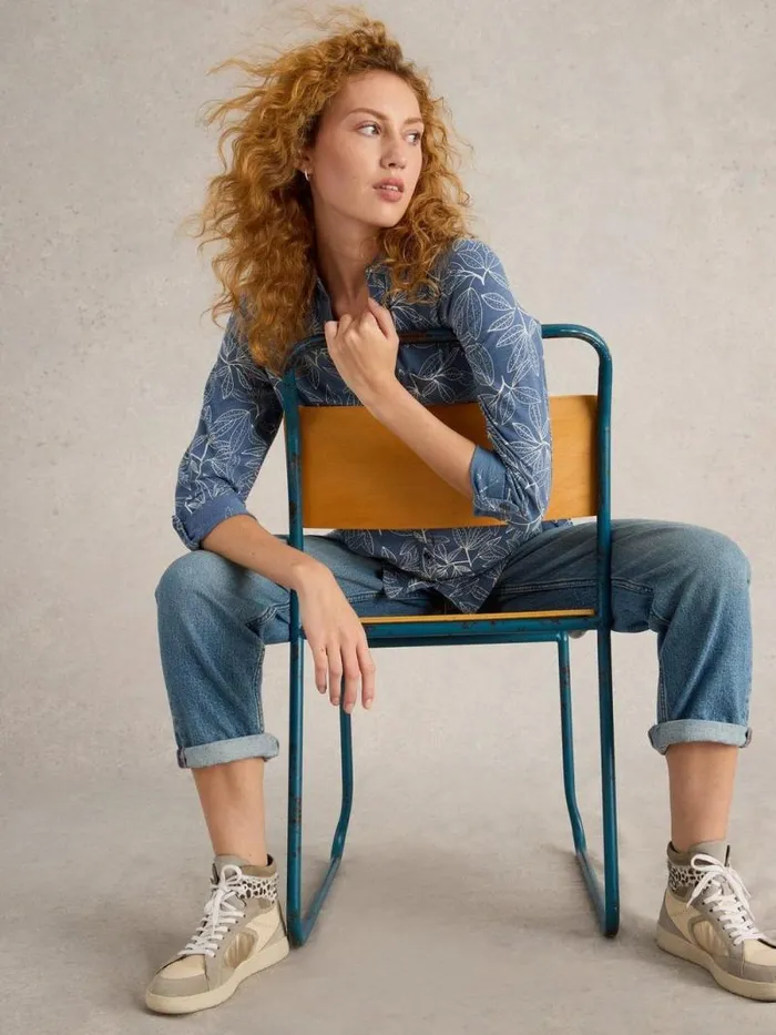 Women ANNIE LONGLINE COLLARED SHIRT Blue Print White Stuff Tops and Tees