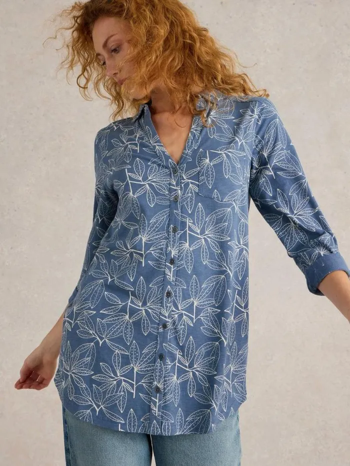 Women ANNIE LONGLINE COLLARED SHIRT Blue Print White Stuff Tops and Tees