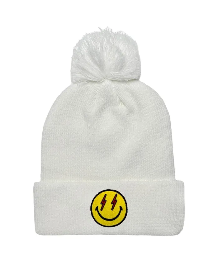 Women Beanies Aviator Nation BOLT SMILEY POM POM RIB BEANIE