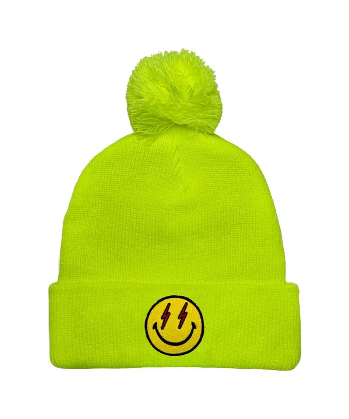 Women Beanies Aviator Nation BOLT SMILEY POM POM RIB BEANIE