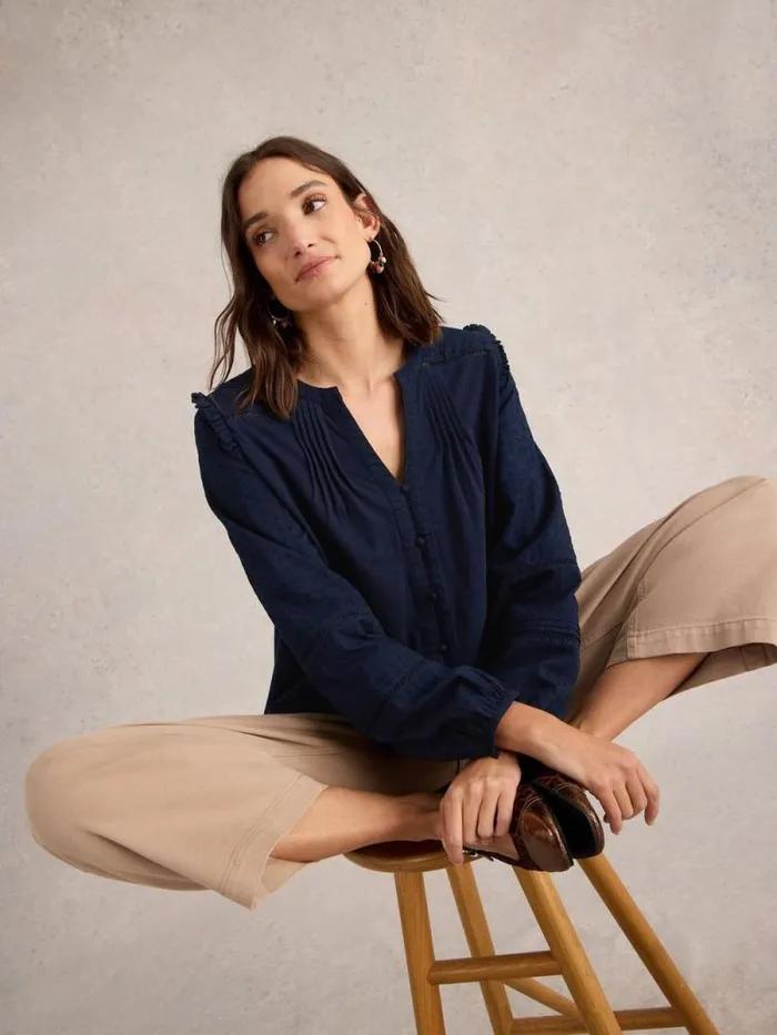 Women BLOSSOM BUTTON NECK BOHO TOP French Navy White Stuff Tops and Tees