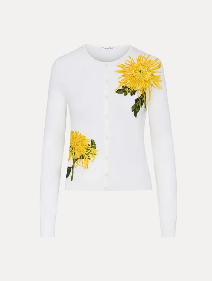 Women Blouses and Knits Oscar De La Renta Chrysanthemum Threadwork Cardigan Ivory