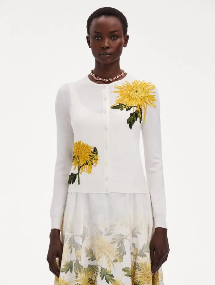Women Blouses and Knits Oscar De La Renta Chrysanthemum Threadwork Cardigan Ivory